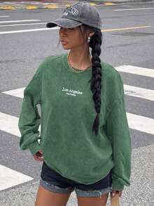 Muchica 女款街頭時尚休閒刺繡圓領長袖運動衫，適合城市度假、外出、日常穿著與旅行，綠色與白色，秋季款 - 綠色 - 查看 3