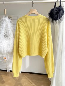 SHEIN EZwear Plus Size Casual Solid Color Cardigan, Autumn/Winter - Light Yellow - View 2