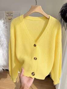 SHEIN EZwear Plus Size Casual Solid Color Cardigan, Autumn/Winter - Light Yellow - View 4