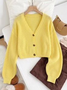 SHEIN EZwear Plus Size Casual Solid Color Cardigan, Autumn/Winter - Light Yellow - View 6