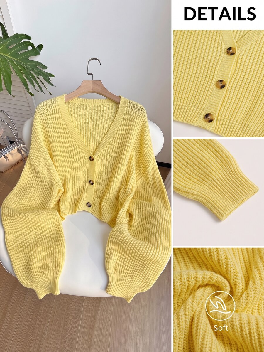 SHEIN EZwear Plus Size Casual Solid Color Cardigan, Autumn/Winter - Light Yellow - View 1