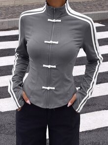 Muchica Dark Gray Spring/Summer New Women's Knit Sporty Style Ribbon Button Design Sun Protection Thin Jacket - Dark Grey - View 5