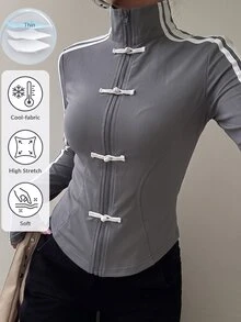 Muchica Dark Gray Spring/Summer New Women's Knit Sporty Style Ribbon Button Design Sun Protection Thin Jacket - Dark Grey - View 4