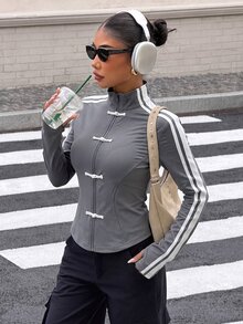 Muchica Dark Gray Spring/Summer New Women's Knit Sporty Style Ribbon Button Design Sun Protection Thin Jacket - Dark Grey - View 3