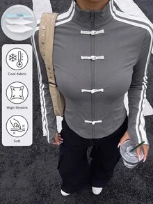 Muchica Dark Gray Spring/Summer New Women's Knit Sporty Style Ribbon Button Design Sun Protection Thin Jacket - Dark Grey - View 1