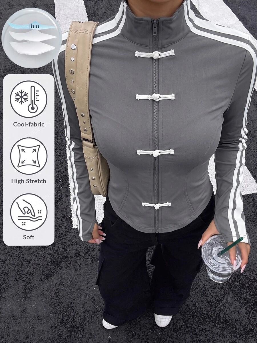 Muchica Dark Gray Spring/Summer New Women's Knit Sporty Style Ribbon Button Design Sun Protection Thin Jacket - Dark Grey - View 1
