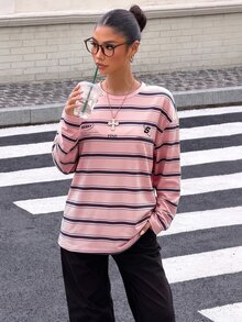 Muchica 女款針織條紋寬鬆長袖T恤 - 粉色 - 查看 4