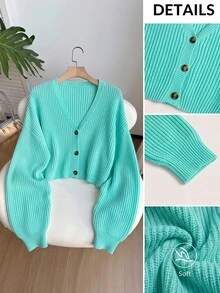 SHEIN EZwear Plus Size Button Long Sleeve Fashionable Cardigan Sweater Winter - Teal Blue - View 1