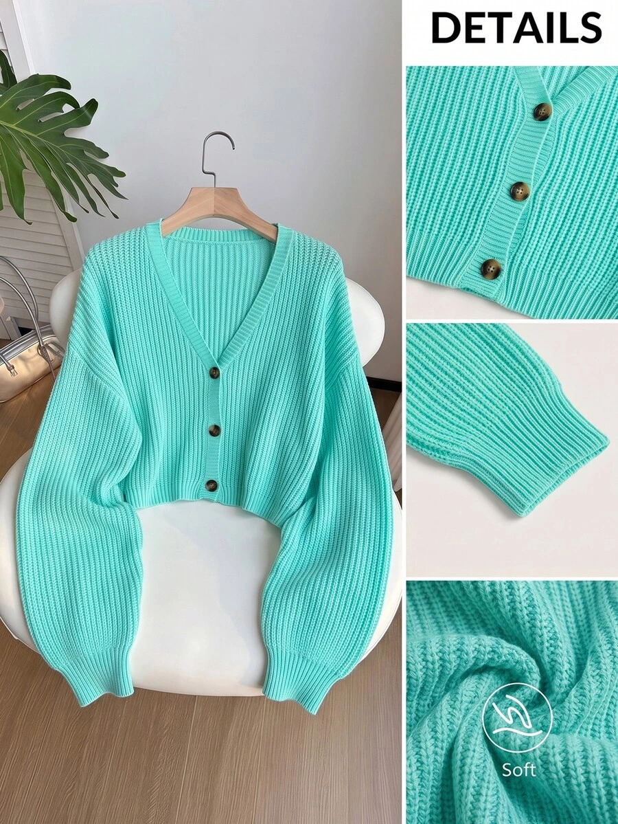 SHEIN EZwear Plus Size Button Long Sleeve Fashionable Cardigan Sweater Winter - Teal Blue - View 1
