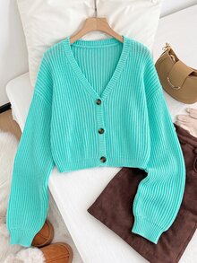 SHEIN EZwear Plus Size Button Long Sleeve Fashionable Cardigan Sweater Winter - Teal Blue - View 7