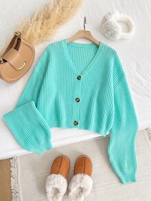 SHEIN EZwear Plus Size Button Long Sleeve Fashionable Cardigan Sweater Winter - Teal Blue - View 5