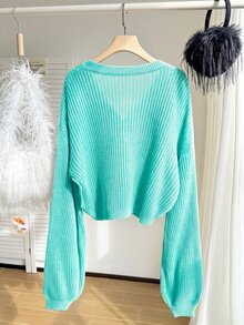 SHEIN EZwear Plus Size Button Long Sleeve Fashionable Cardigan Sweater Winter - Teal Blue - View 2