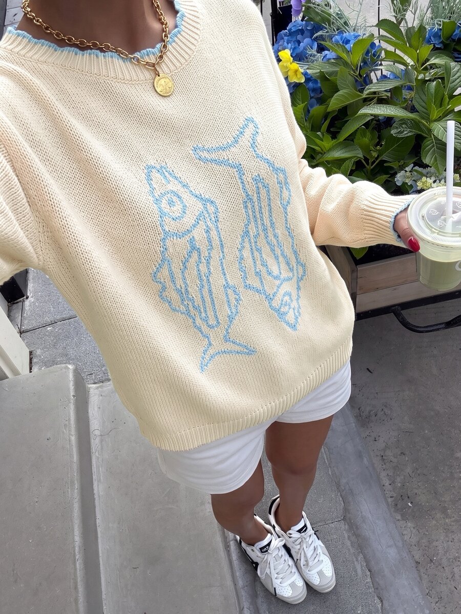 Muchica Women's Fish Pattern Casual Daily Long Sleeve Sweater - Apricot - View 1
