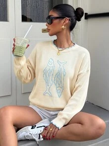 Muchica Women's Fish Pattern Casual Daily Long Sleeve Sweater - Apricot - View 4