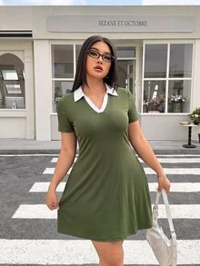 Muchica Plus Size Women's Colorblock Casual Daily Summer Dress - Army Green - View 4