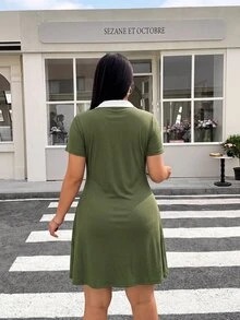 Muchica Plus Size Women's Colorblock Casual Daily Summer Dress - Army Green - View 2