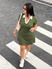 Muchica Plus Size Women's Colorblock Casual Daily Summer Dress - Army Green - View 5