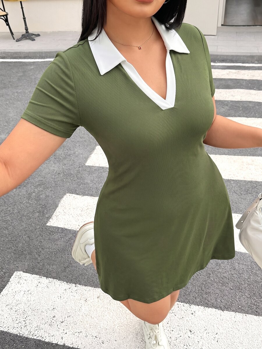 Muchica Plus Size Women's Colorblock Casual Daily Summer Dress - Army Green - View 1