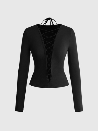 Y2K Top sexy negro con frente calado, nudo delantero, cuello halter, manga larga y ajuste ceñido para mujer