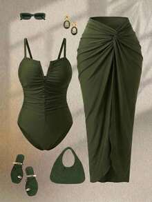 Swim Oasis Plus Size Women One-Piece Swimsuit With Skirt, 2pcs Sexy Elegant Stylish Swimwear For Beach Vacation, Pool, Swimming Party Blue And Yellow Summer - Army Green - View 5