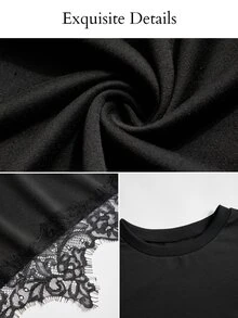 SOLERSUN Sudadera casual de mujer de unicolor con dobladillo asimétrico y patchwork de encaje, adecuada para uso diario básico en otoño/invierno, sudadera de otoño/invierno - Negro - Ver 8
