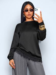 SOLERSUN Sudadera casual de mujer de unicolor con dobladillo asimétrico y patchwork de encaje, adecuada para uso diario básico en otoño/invierno, sudadera de otoño/invierno - Negro - Ver 7