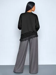 SOLERSUN Sudadera casual de mujer de unicolor con dobladillo asimétrico y patchwork de encaje, adecuada para uso diario básico en otoño/invierno, sudadera de otoño/invierno - Negro - Ver 3