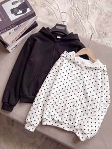 SHEIN 兒童青少年女孩休閒白色底黑波點純黑連帽外套 2 件套，百搭學院風返校秋/冬季外套 - 黑與白 - 查看 8
