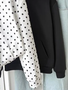 SHEIN 兒童青少年女孩休閒白色底黑波點純黑連帽外套 2 件套，百搭學院風返校秋/冬季外套 - 黑與白 - 查看 6