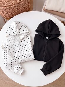 SHEIN 兒童青少年女孩休閒白色底黑波點純黑連帽外套 2 件套，百搭學院風返校秋/冬季外套 - 黑與白 - 查看 9