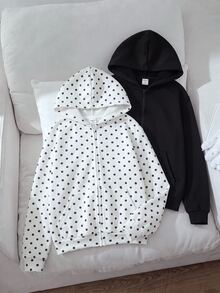 SHEIN 兒童青少年女孩休閒白色底黑波點純黑連帽外套 2 件套，百搭學院風返校秋/冬季外套 - 黑與白 - 查看 10