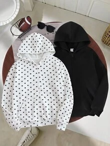 SHEIN 兒童青少年女孩休閒白色底黑波點純黑連帽外套 2 件套，百搭學院風返校秋/冬季外套 - 黑與白 - 查看 1