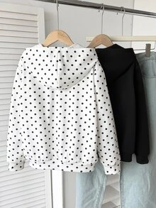SHEIN 兒童青少年女孩休閒白色底黑波點純黑連帽外套 2 件套，百搭學院風返校秋/冬季外套 - 黑與白 - 查看 2