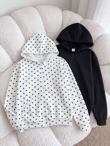 SHEIN 兒童青少年女孩休閒白色底黑波點純黑連帽外套 2 件套，百搭學院風返校秋/冬季外套 - 黑與白 - 查看 11