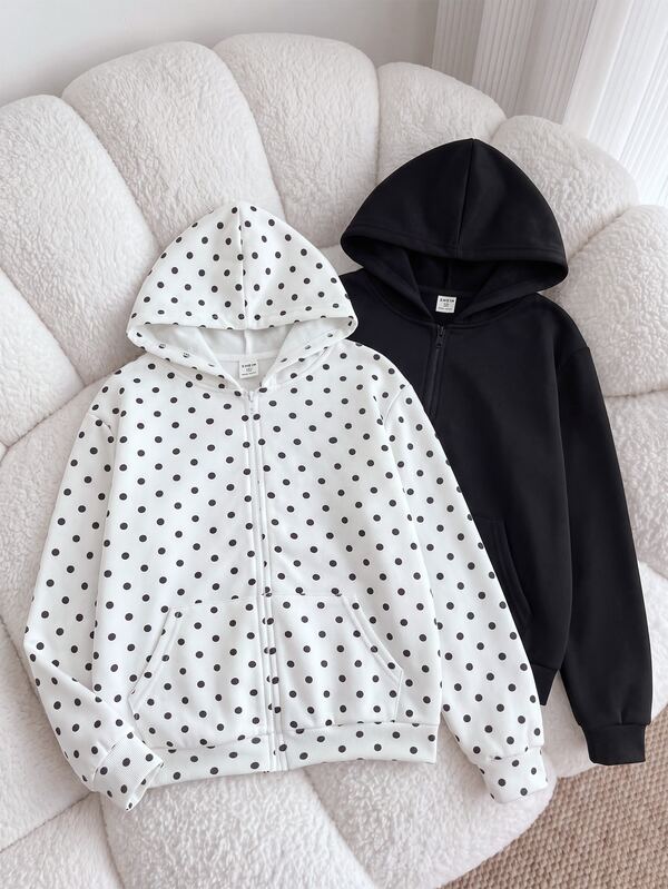 SHEIN Kids Tween Girls Casual White Base Black Polka Dot Solid Black Hoodie Jacket 2-Piece Set, Versatile College Style Back To School Autumn/Winter Outerwear