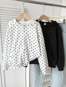 SHEIN 兒童青少年女孩休閒白色底黑波點純黑連帽外套 2 件套，百搭學院風返校秋/冬季外套 - 黑與白 - 查看 3