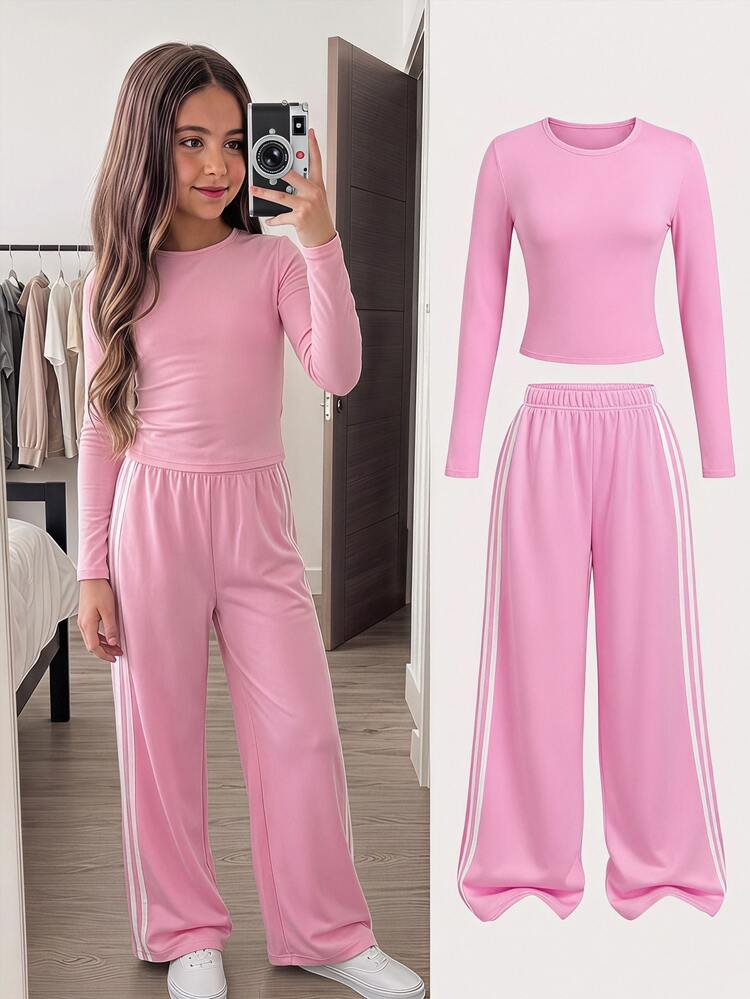 Tween Girls Light Grey Long Sleeve Top Contrast Tape Elastic Waist Wide Leg Pants 2Pcs Set - Pink - View 11
