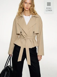 ATUI Studio Mantel Trench Wanita Warna Polos dengan Kerah Berlengan Panjang dan Kancing Ganda - Khaki - View 1