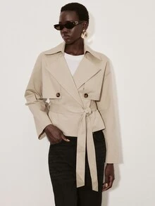 ATUI Studio Mantel Trench Wanita Warna Polos dengan Kerah Berlengan Panjang dan Kancing Ganda - Khaki - View 7