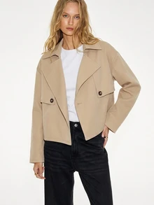 ATUI Studio Mantel Trench Wanita Warna Polos dengan Kerah Berlengan Panjang dan Kancing Ganda - Khaki - View 3