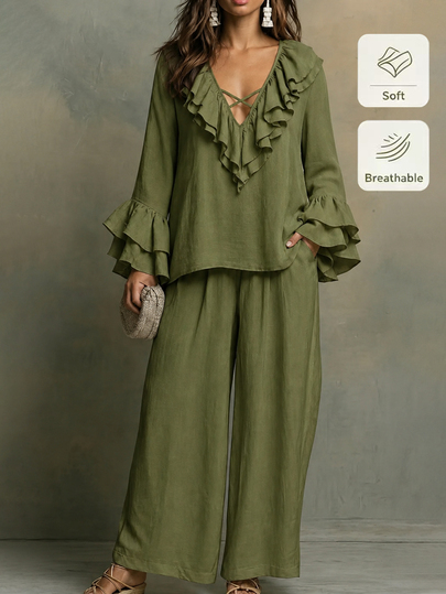 Weeklong Women's Plus Size Deep V-Neck Ruffle Trim Design, Flared Cuffs, Wide Leg Pants, Draping Slimming Fabric, Suitable For Home, Casual Outings, Daily Wear, Vacation, Slightly Slouchy Two Pieces Set