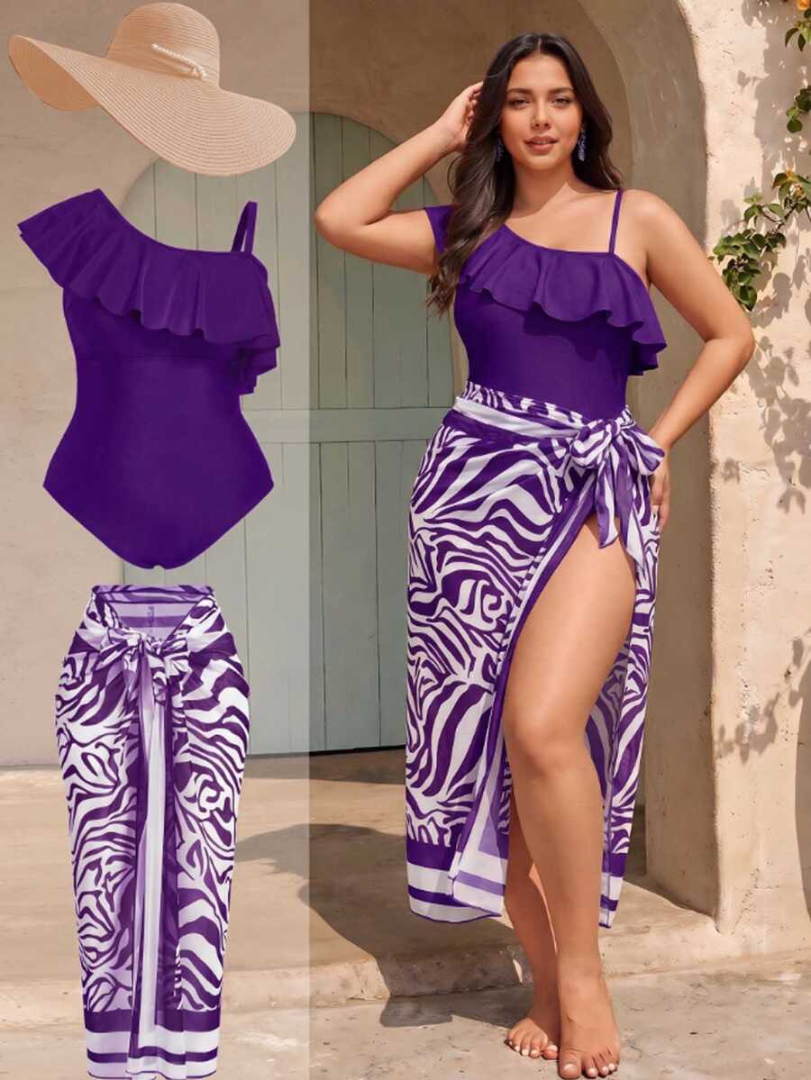 Swim Oasis 2025 加大码女式纯色不对称荷叶边连体泳衣,含斑马纹裹身裙套装 - 紫色 - 查看 1