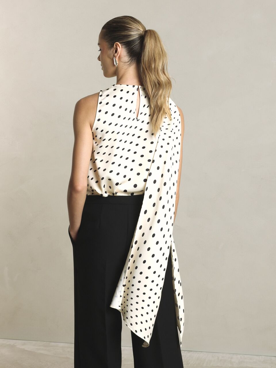 KSTM Black White Polka Dot Satin Sleeveless Blouse With Elegant French Scarf Neck Tie Detail Longline Asymmetric Hem Summer Party Brunch Tea Party Top