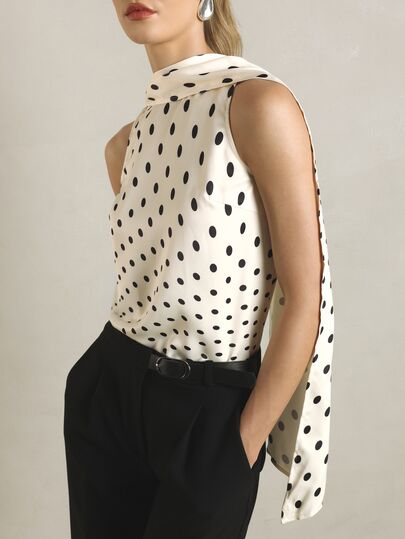 KSTM Black White Polka Dot Satin Sleeveless Blouse With Elegant French Scarf Neck Tie Detail Longline Asymmetric Hem Summer Party Brunch Tea Party Top