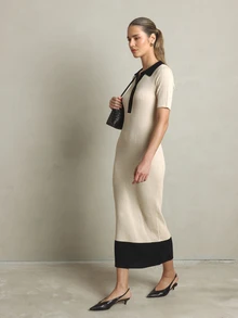 KSTM Ribbed Knit Polo Collar Bodycon Midi Dress With Contrast Black Trim Short Sleeve Form Fitting Stretch Knit Elegant Style - Multicolor - View 2
