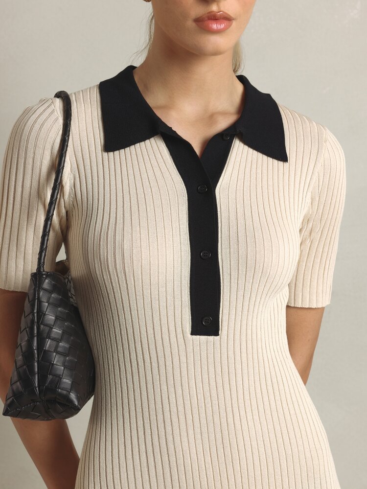 KSTM Ribbed Knit Polo Collar Bodycon Midi Dress With Contrast Black Trim Short Sleeve Form Fitting Stretch Knit Elegant Style - Multicolor - View 5