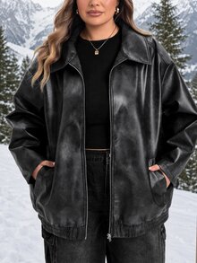 SHEIN CURVE+ جاكيت فضفاض من جلد البولي يوريثان للنساء بمقاسات كبيرة، مناسب للخريف/الشتاء - الأسود - مشاهدة 3