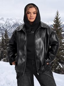 SHEIN CURVE+ جاكيت فضفاض من جلد البولي يوريثان للنساء بمقاسات كبيرة، مناسب للخريف/الشتاء - الأسود - مشاهدة 8
