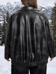 SHEIN CURVE+ جاكيت فضفاض من جلد البولي يوريثان للنساء بمقاسات كبيرة، مناسب للخريف/الشتاء - الأسود - مشاهدة 2