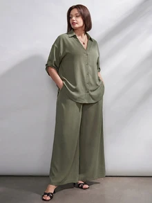 Chikora 大尺碼夏季棕色開襟衫兩件套，棕色兩件套，辦公穿搭，適合多種場合，沙烏地阿拉伯國慶日 - 彩色 - 查看 11
